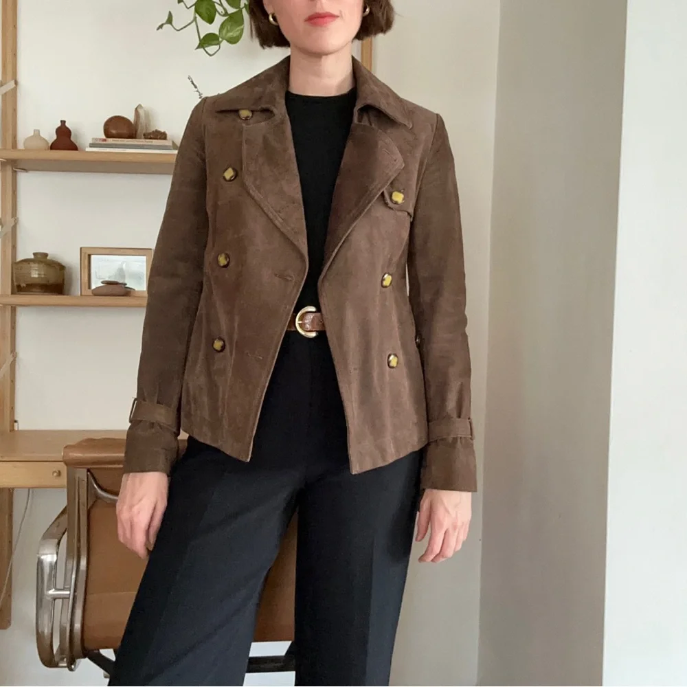 Vintage Suede Leather Cropped Trench Coat Small - Picture 1 of 7